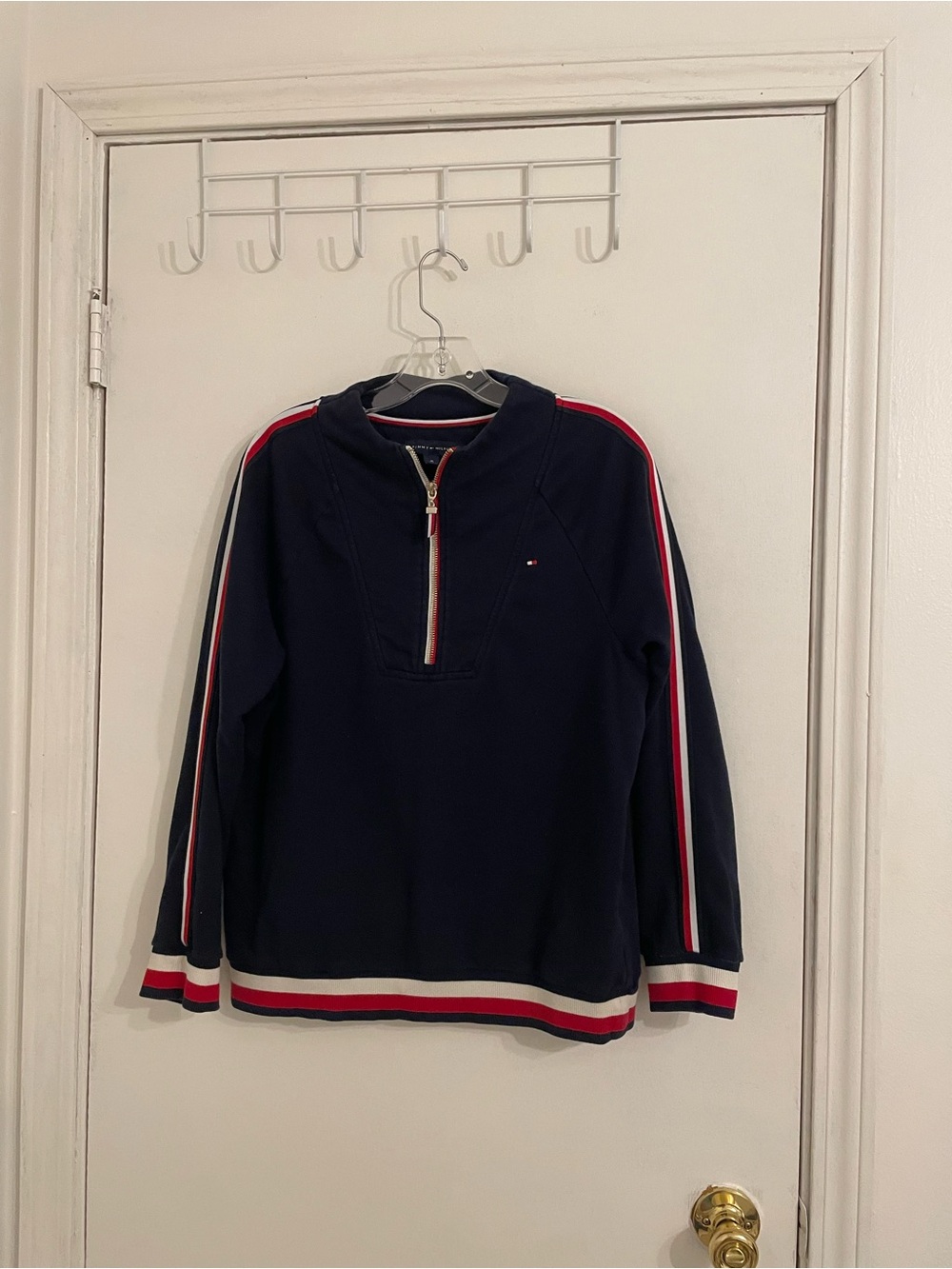 Tommy Hilfiger Navy Half-Zip Sweater with Red & White Stripe Trim